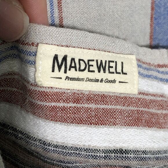 Madewell Shirt Men’s Small Beige Easy Short-Sleeve Stripe Linen Faded Wicker New - Picture 14 of 15